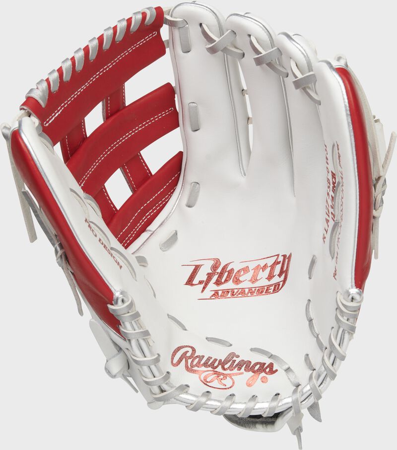 White palm of a Rawlings Liberty Advanced outfield glove with platinum laces and scarlet stamp - SKU: RLA1275SB-6WSP loading=