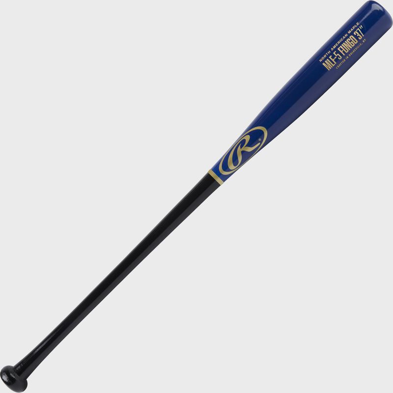 Angled view of a 37" Rawlings Maple fungo bat with a black handle and royal barrel - SKU: MLF5-B-R-37