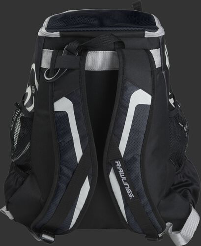 Back of black R500 Players team backpack with black shoulder straps