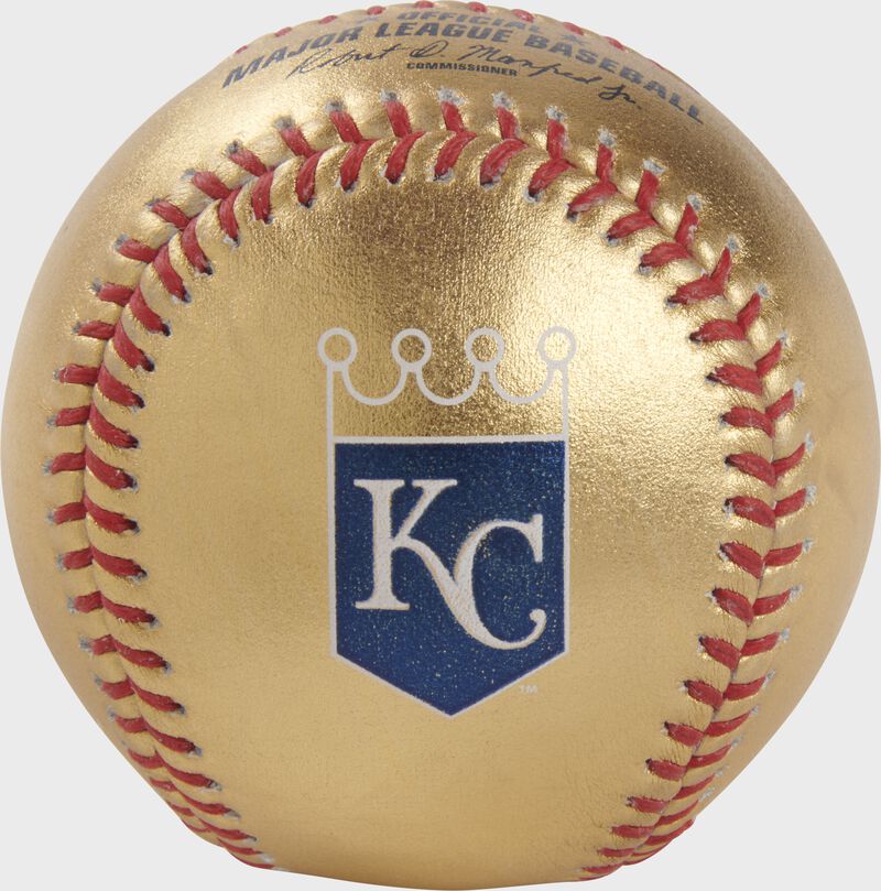 Royals logo on a gold MLB baseball with red stitches - SKU: RSGEA-GOLDKC-R