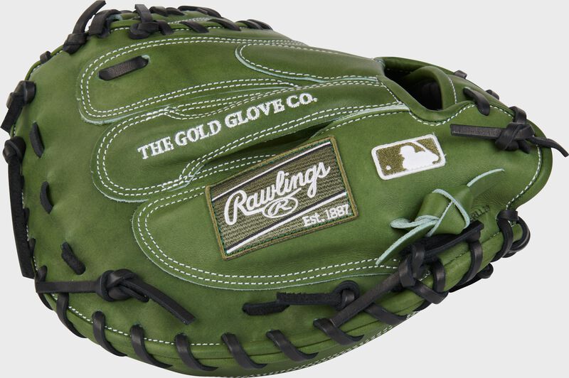Back of a Heart of the Hide military green 34" catcher's mitt with the MLB logo on the pinky - SKU: PROCM41MG