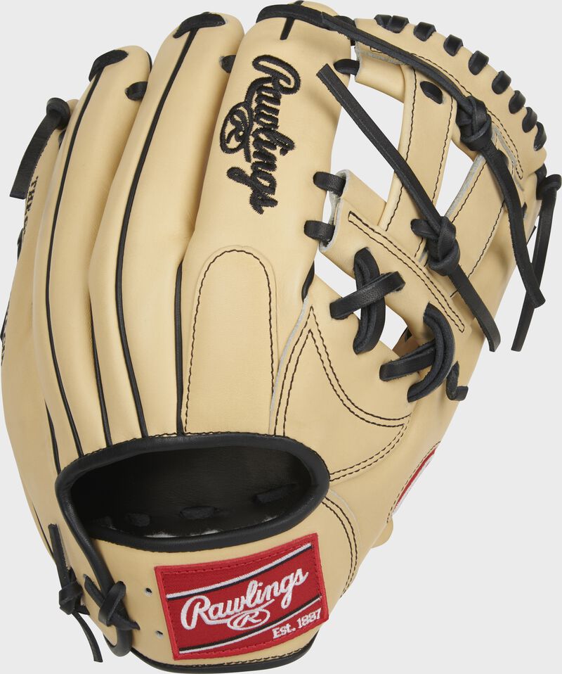 Camel back of a Manny Machado Pro Preferred I-web glove with a red Rawlings patch - SKU: PROSNP5-7MM