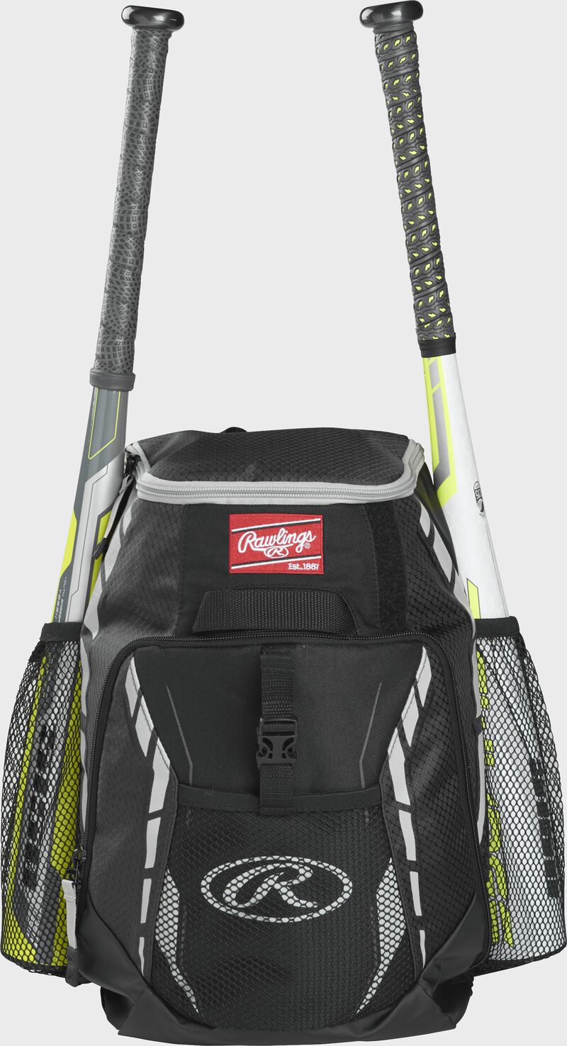 Front view of a Black Rawlings Youth Players Team Backpack with two bats | SKU:R400-B