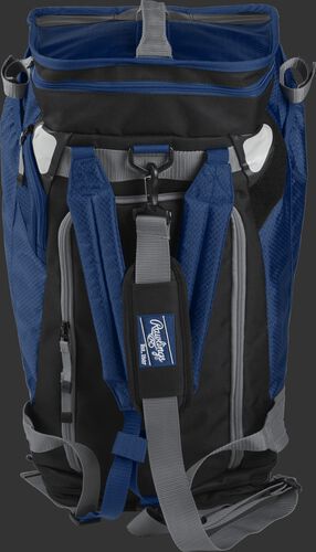 Front of a navy R601 Rawlings Hybrid backpack/duffel bag with a gray strap and navy arm straps