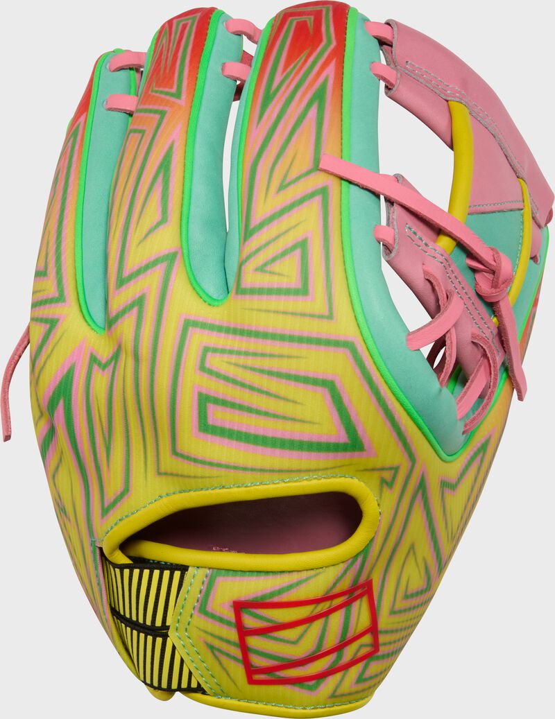 Back of a pink/yellow Rawlings REV1X 11.5-inch infield glove with sublimated print back