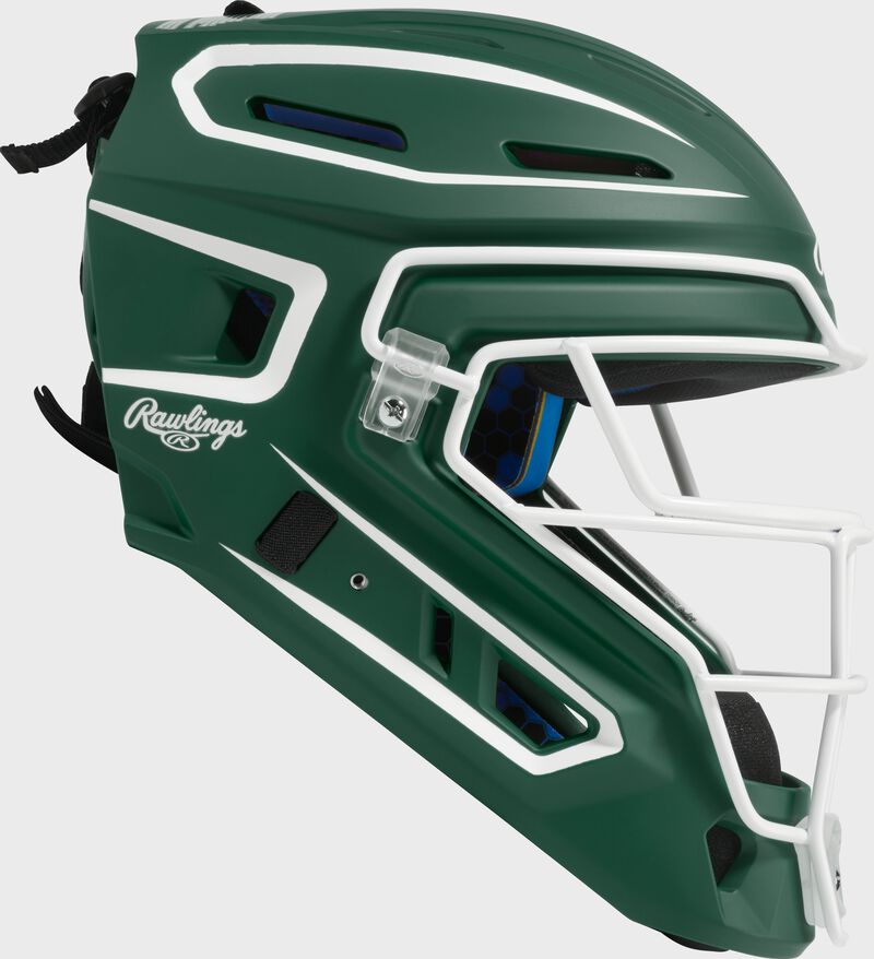 Right side of a dark green Rawlings Mach Pro Series catcher's helmet loading=