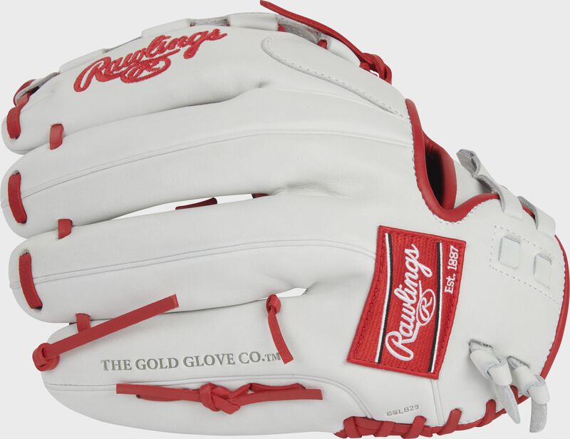 Back of a white Liberty Advanced 12.5" softball glove with a red Rawlings patch - SKU: RLA125-3S
