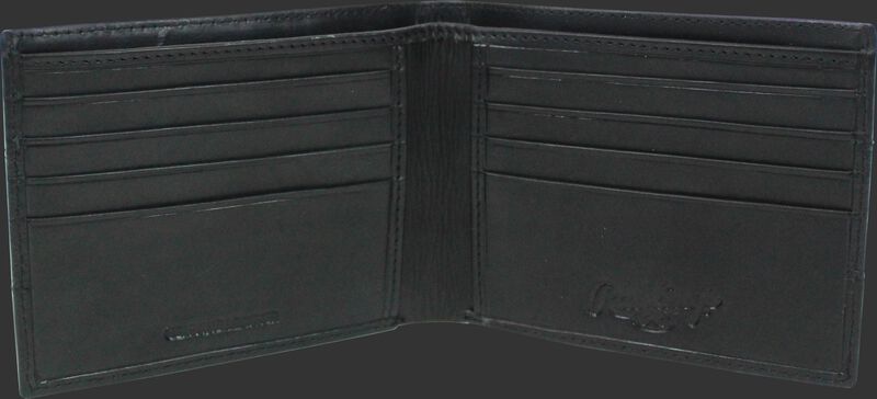 Inside of a black RW80004-001 Rawlings bi-fold wallet with 8 credit card slots