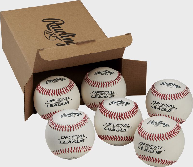 6 Rawlings competition grade balls in front of an open box - SKU: RSGROLB1PK6