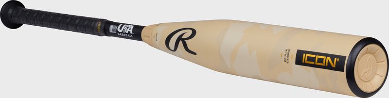 Angled view of a tan/black -10 Rawlings Icon USA Baseball bat