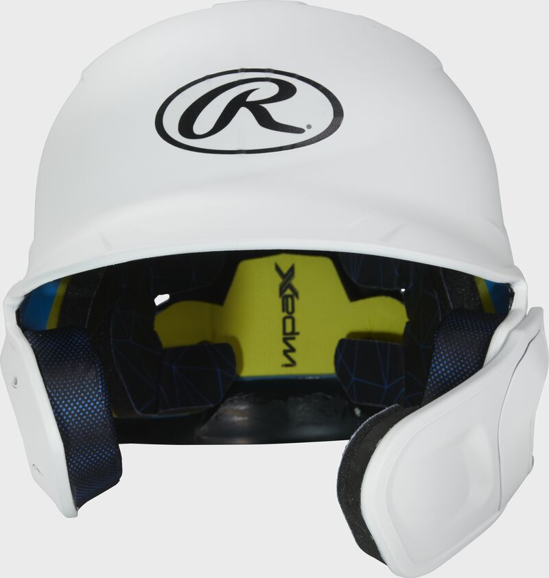 Front of a matte white MACHEXTR high school/college Mach batting helmet with face guard extension for right hand batters