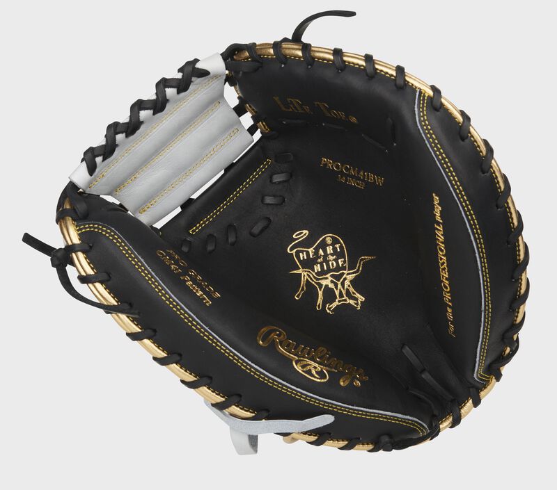 Black palm of an exclusive HOH catcher's mitt with gold stamping, white web and black laces - SKU: PROCM41BW