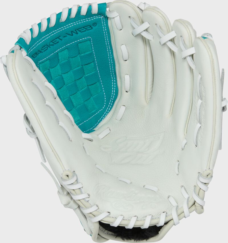 Palm of a white/teal Shut Out 11.5-inch Fastpitch Softball Glove