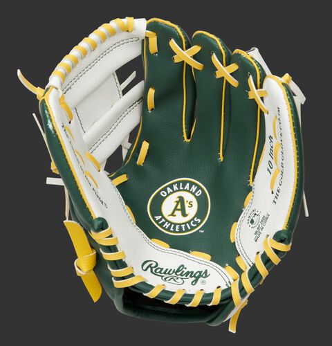 A green/white Oakland Athletics youth glove with the Athletics logo stamped in the palm - SKU: 22000003111