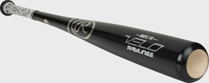 3/4 view of a 141RMV Rawlings Velo wood bat with a black barrel