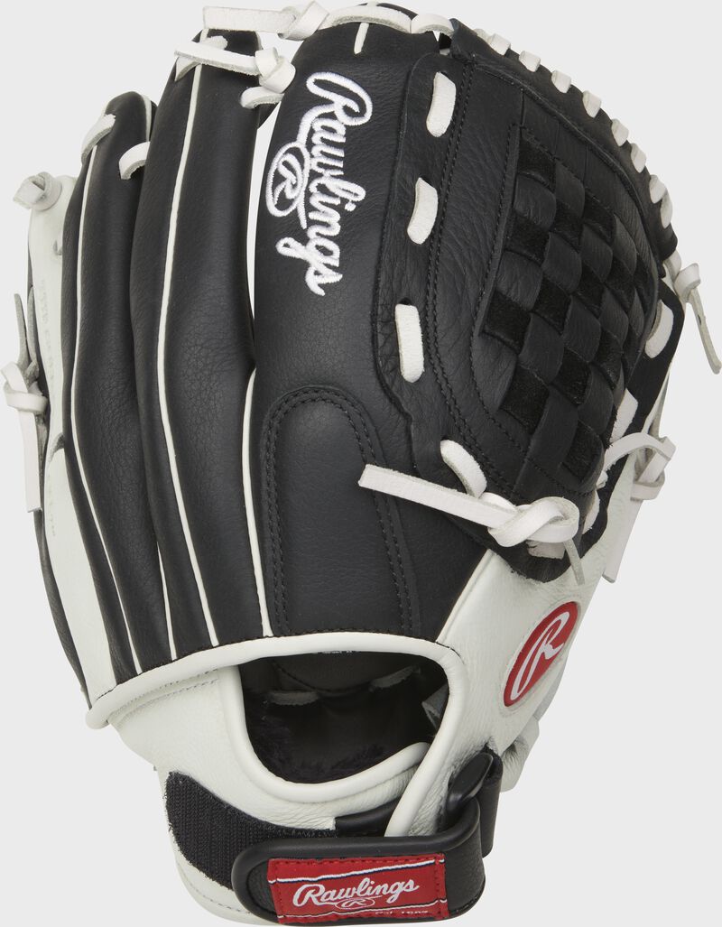 Black back of a Shut Out 11.5" infield/pitcher's glove with an adjustable Velcro wrist strap loading=