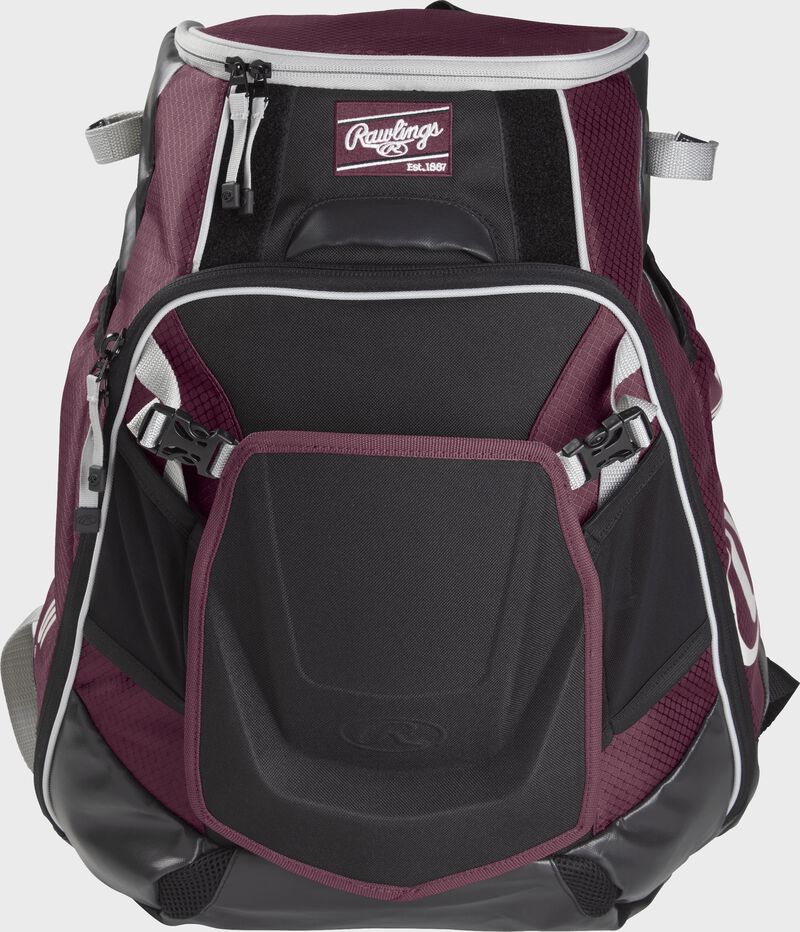 Front of a maroon VELOBK Velo backpack with maroon trim and a maroon Rawlings patch