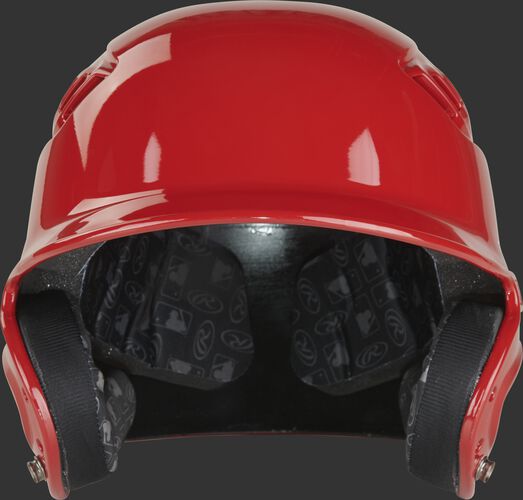Front of a scarlet R1601 Rawlings Velo gloss batting helmet