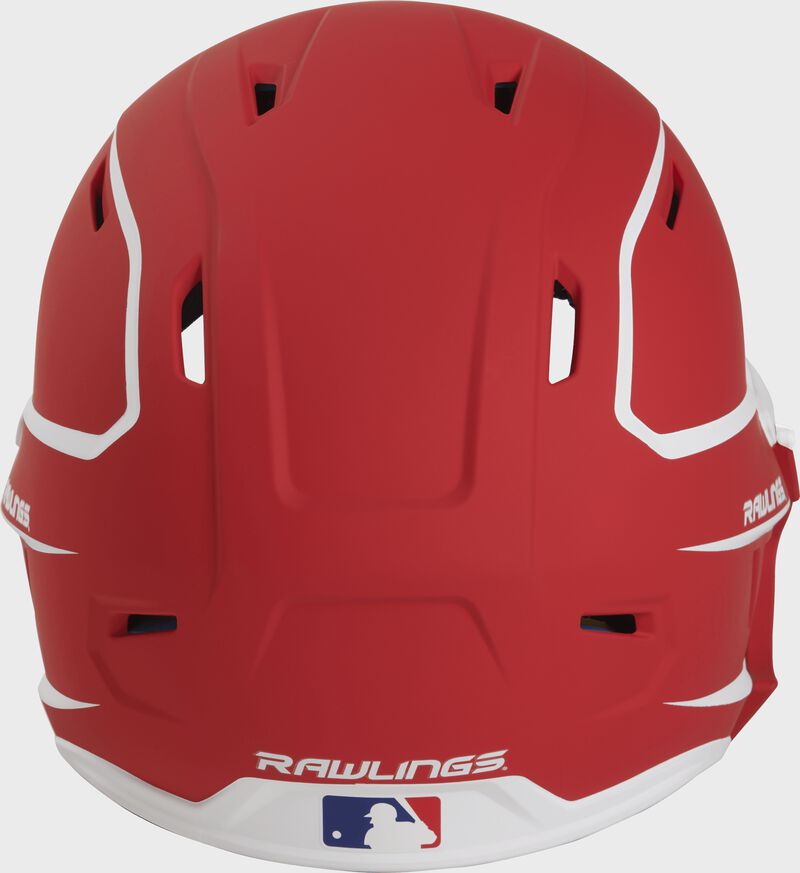 Back of a MACHEXTR high performance junior MACH helmet with a matte scarlet/white shell and Official Batting Helmet of MLB logo