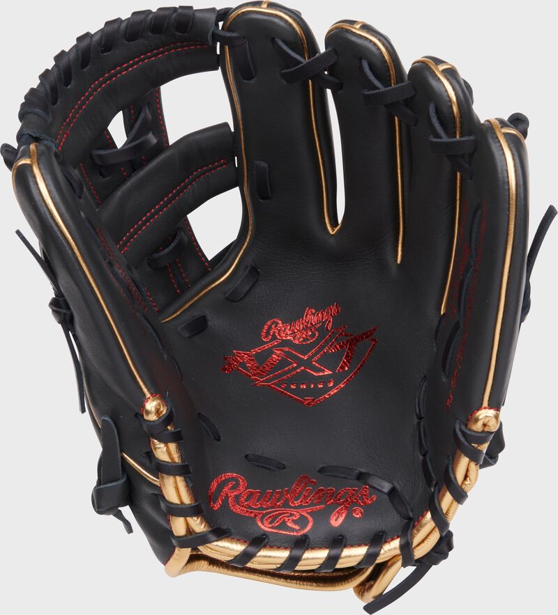 Black palm of a Rawlings NXT Series infield glove with red palm stamping and black laces