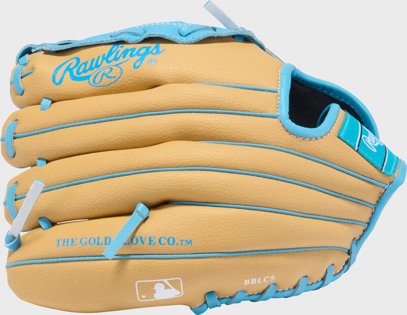 Camel back of a Rawlings Flex Palm Series 10-Inch Youth Baseball Glove with the MLB logo on the pinky