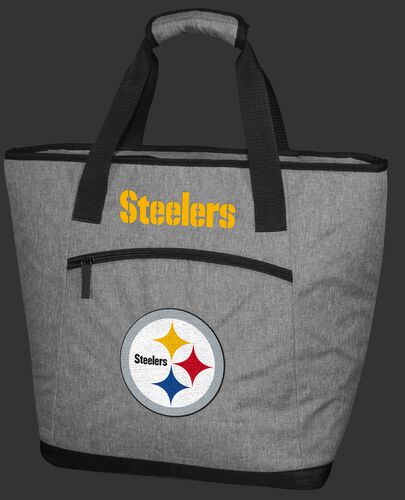 A gray Pittsburgh Steelers 30 can tote cooler with a team logo embroidered on the front - SKU: 10311082111