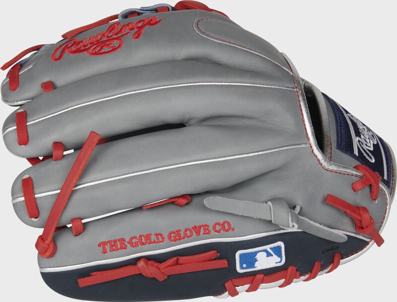 Gray back of a Francisco Lindor R2G infield glove with the MLB logo on the pinky - SKU: PRORFL12N
