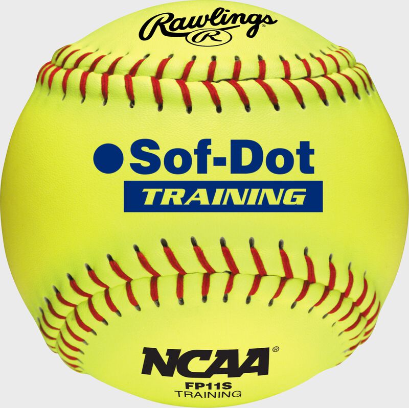 A yellow Rawlings 11-Inch NCAA Soft Poly-Core fastpitch training ball