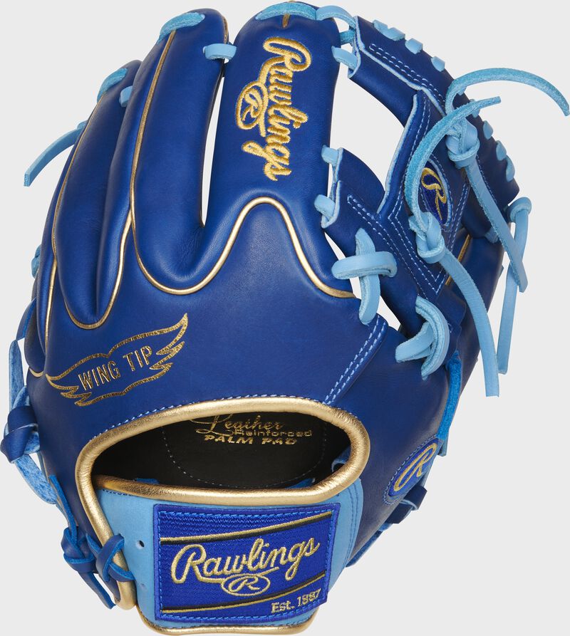 Wing Tip back of a royal Heart of the Hide I-web glove with a royal Rawlings patch - SKU: PRO204W-2R