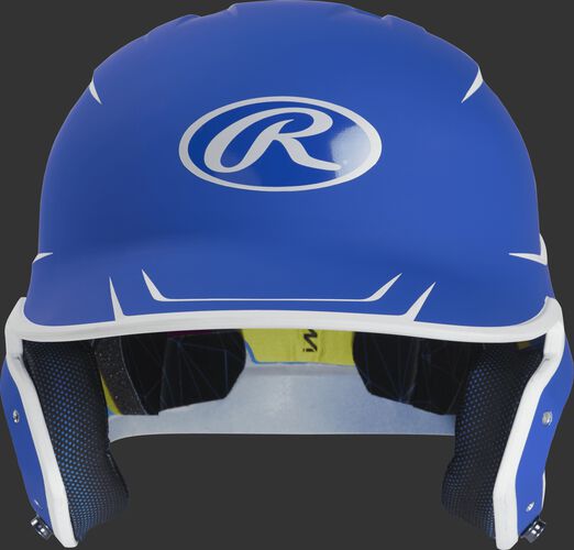 Front of a matte royal/white MACH senior size batting helmet