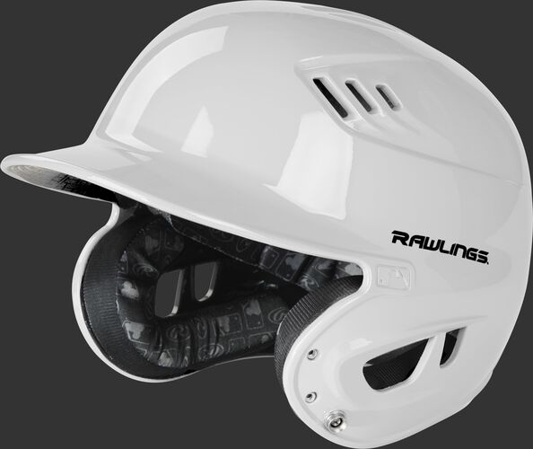 Left angle view of a R1601 gloss Velo helmet with a white clear coat shell