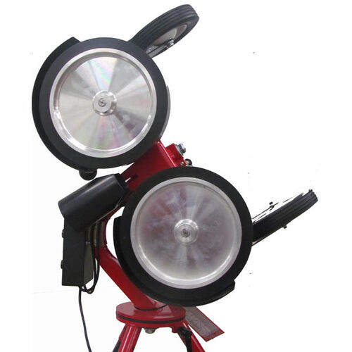 Side of Rawlins Red Spin Ball Pro 2 Wheel Adjustable Combination Pitching Machine Showing Two Spin Wheels SKU #RPM2C1