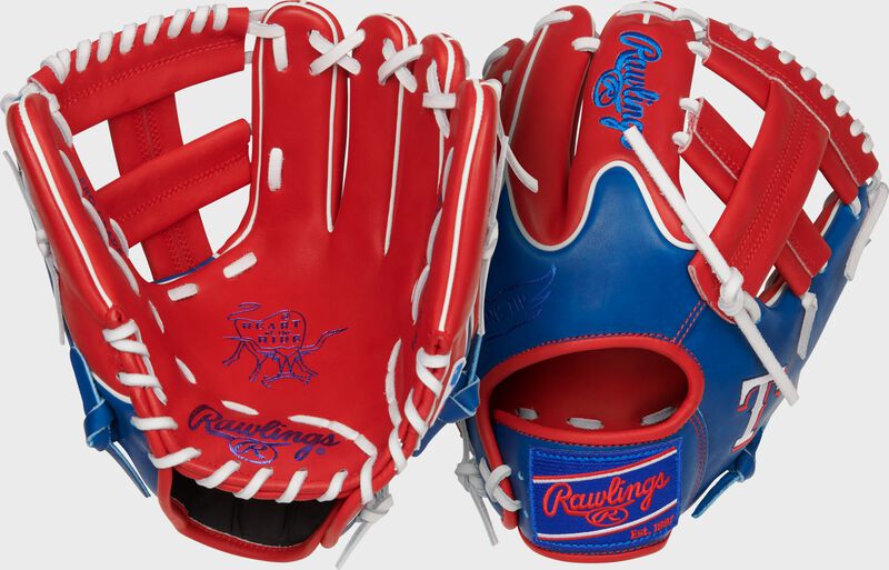 Two images showing the palm & back of a scarlet/royal Texas Rangers Heart of the Hide glove