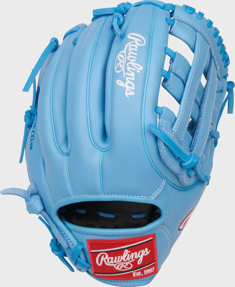Back of a Columbia blue R9 Series 11.75-Inch Infield Glove with a red Rawlings patch loading=