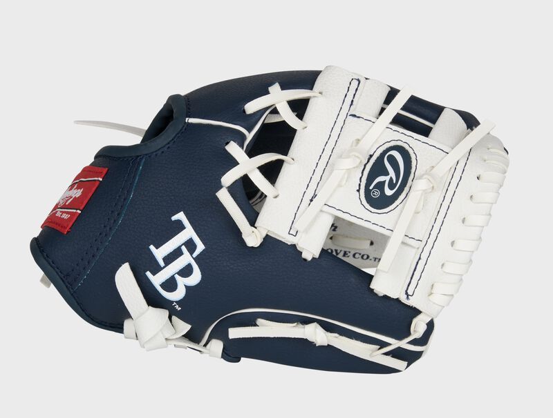 Thumb of a navy/white Tampa Bay Rays 10-Inch team logo glove with a white I-web and TB logo on the thumb - SKU: 22000009111