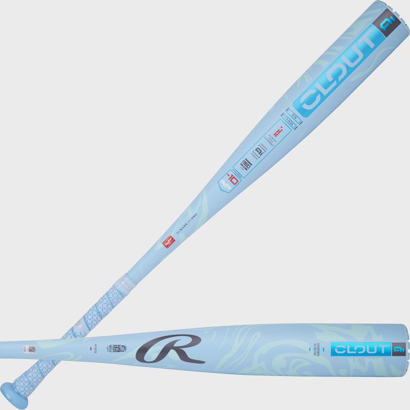 Two images of a blue Clout -10 USSSA bat showing both sides of the barrel