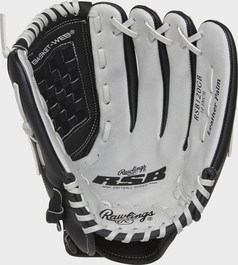 RSB120GB Rawlings softball infield/pitcher's glove with a grey palm and grey laces