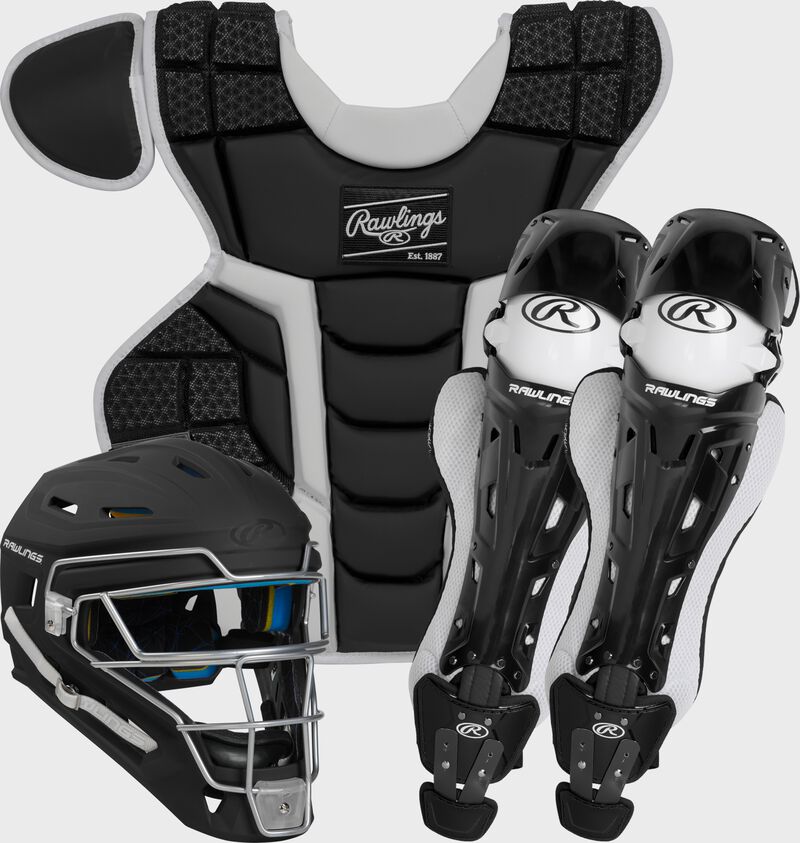 Picture of a helmet, chest protector, and leg guards of a black/white Mach Catcher's Gear Set