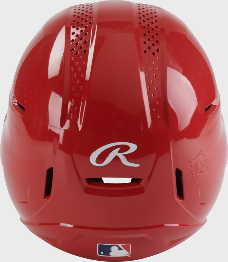 Back of a scarlet Rawlings RX2 gloss baseball batting helmet loading=