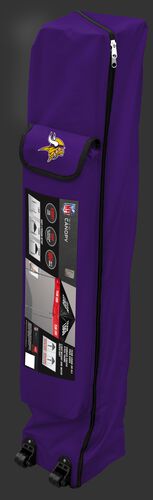 Purple wheeled carry case of a Minnesota Vikings canopy with the team logo on the outside compartment - SKU: 02231075111
