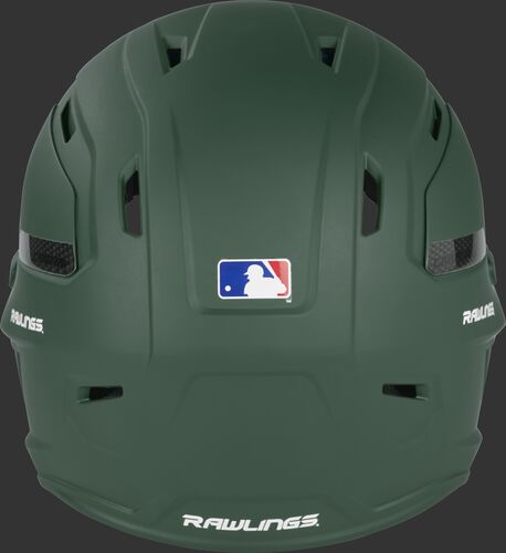 Back of a dark green CAR07A Rawlings MACH Carbon high performance helmet with the Official Helmet of MLB logo