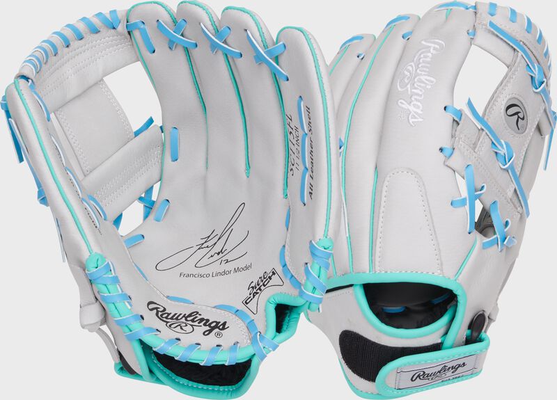 Two images showing the palm & back of a gray Sure Catch Francisco Lindor glove