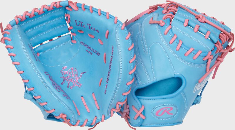 Two images showing the palm & back of a Columbia blue Heart of the Hide 33-Inch Catcher's Mitt