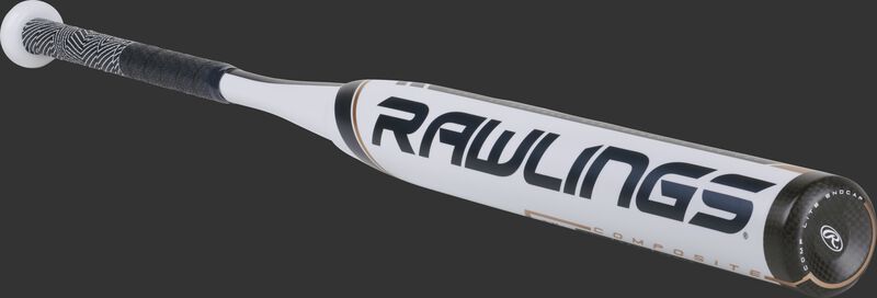 3/4 view of a FP9V9 Rawlings fastpitch bat with a white barrel and navy accents