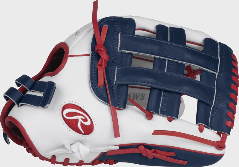 Thumb view of a white RLA130-6WNS Liberty Advanced color series 13-inch fastpitch glove with navy trim and navy H web loading=