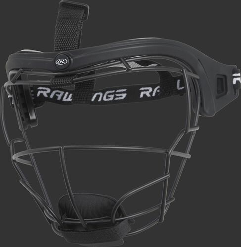 Side of Rawlings Black Softball Fielders Mask With Brand Name Strap SKU #RSBFMJ-B