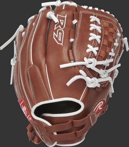 R9SB120FS-18DB 12-inch R9 Series fingershift softball glove with a brown back and Pull-Strap back design