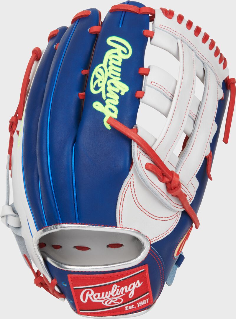 Royal blue back of a Luis Robert Heart of the Hide H-web glove with a red Rawlings patch