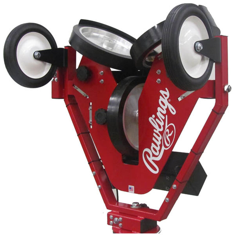 Side of Rawlings Red Spin Ball Pro 3 Wheel Softball Pitching Machine With Brand Name SKU #RPM3SB