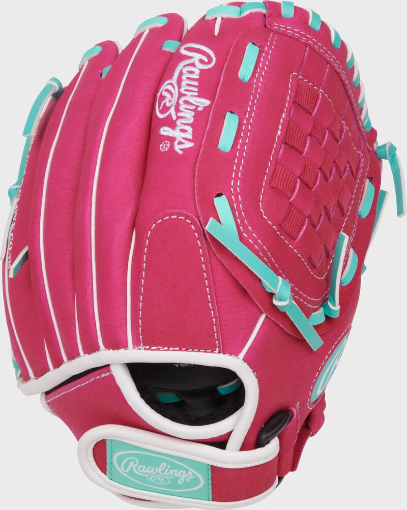Back of a pink/mint Sure Catch Softball 10.5-inch Youth Softball Glove